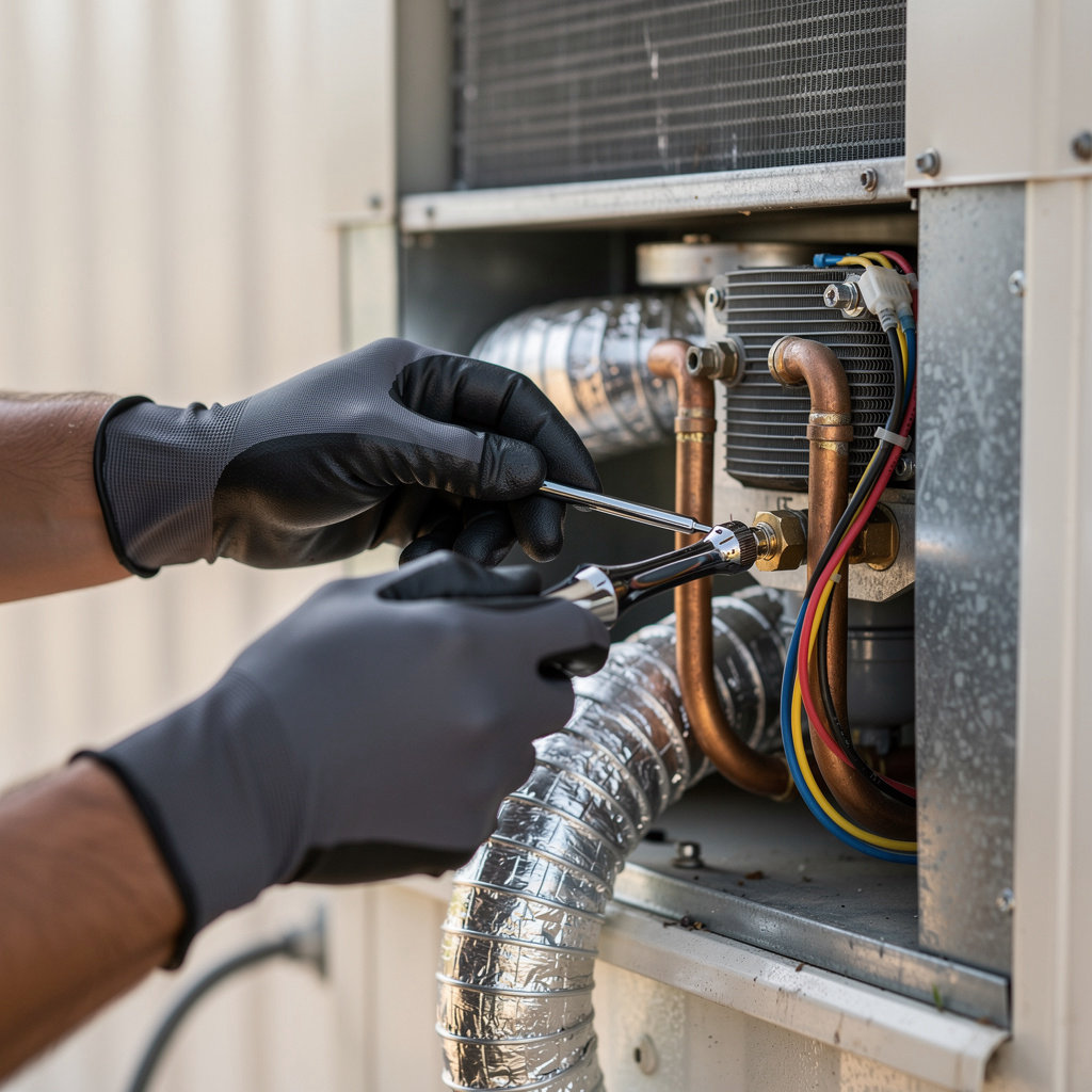 Green Air Logic HVAC technician servicing a mobile home air conditioning unit in Carpinteria